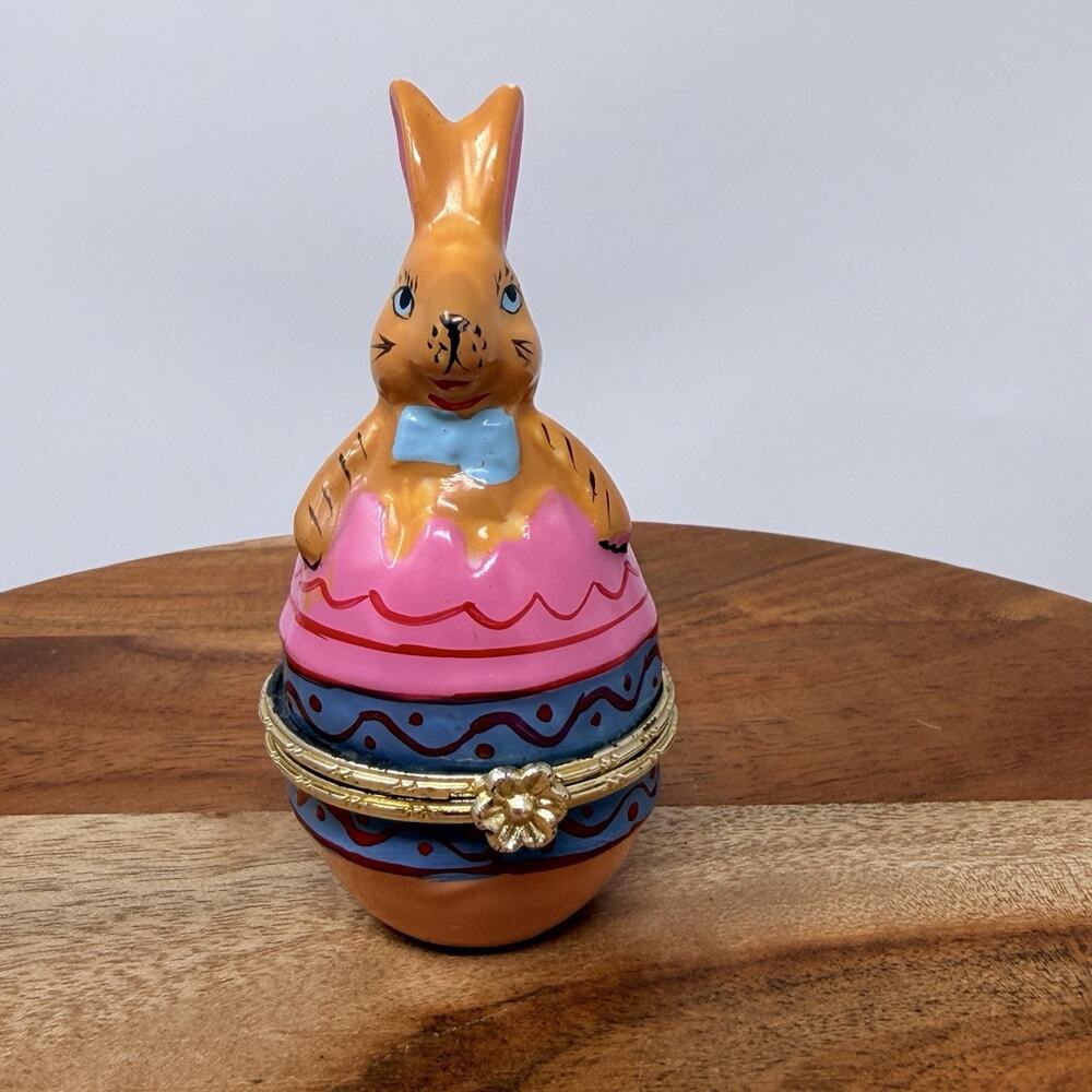 Miniature Easter Bunny Rabbit Mini Pink Egg Hinged Trinket Keepsake Box Used
